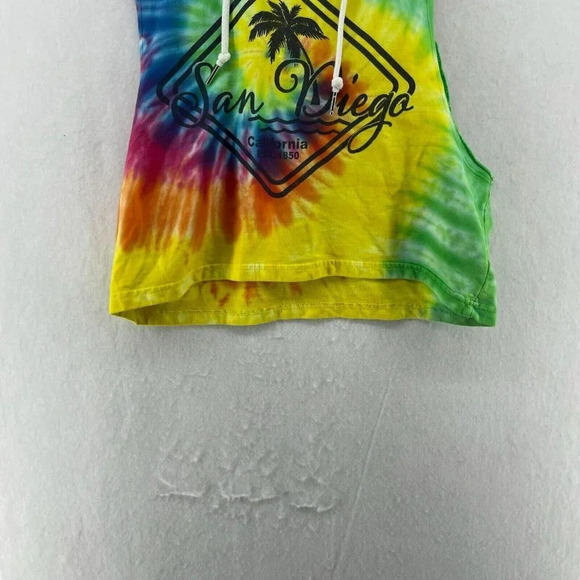 San Diego Tank Top Women's Sm Yellow Blue Tie-dye Boxy Cropped Hooded Drawstring - Picture 6 of 10
